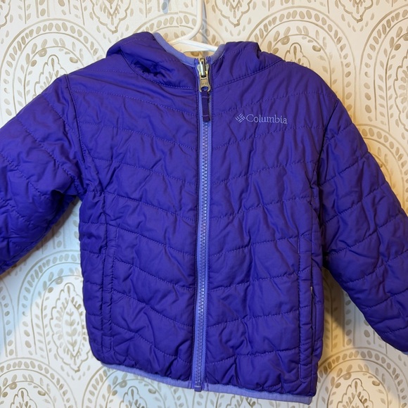 Columbia Toddler Girls Purple Puffer Jacket Coat Fleece Hooded 2T Reversible - Picture 2 of 5